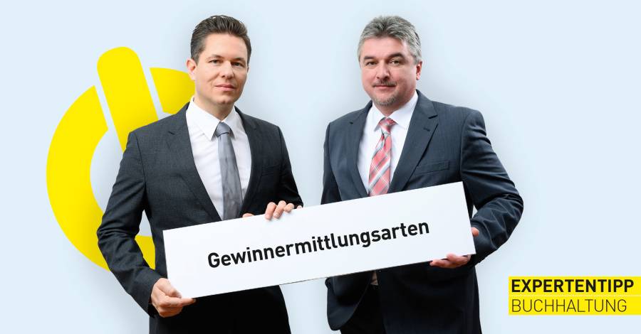Zwei Personen im Anzug, Hinweis „Gewinnermittlungsarten“
